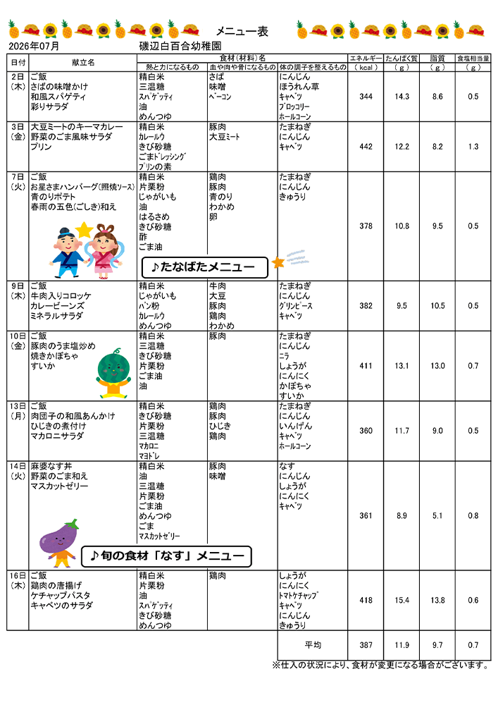 今月の献立
